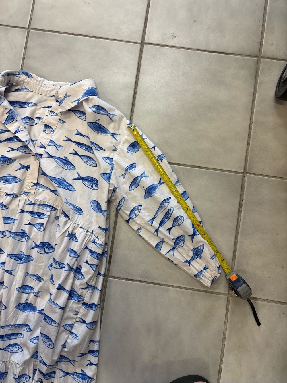 Maeve Bettina White & Blue Fish-Print Tiered Shirt Dress - Picture 12 of 13